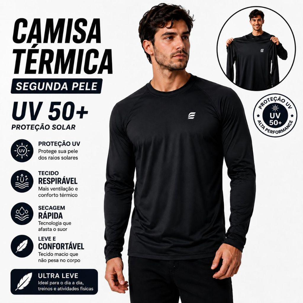 Camisa Térmica Proteção Uv 50+ Segunda Pele Camiseta Malha Fria Unissex Academia Manga Longa Lisa