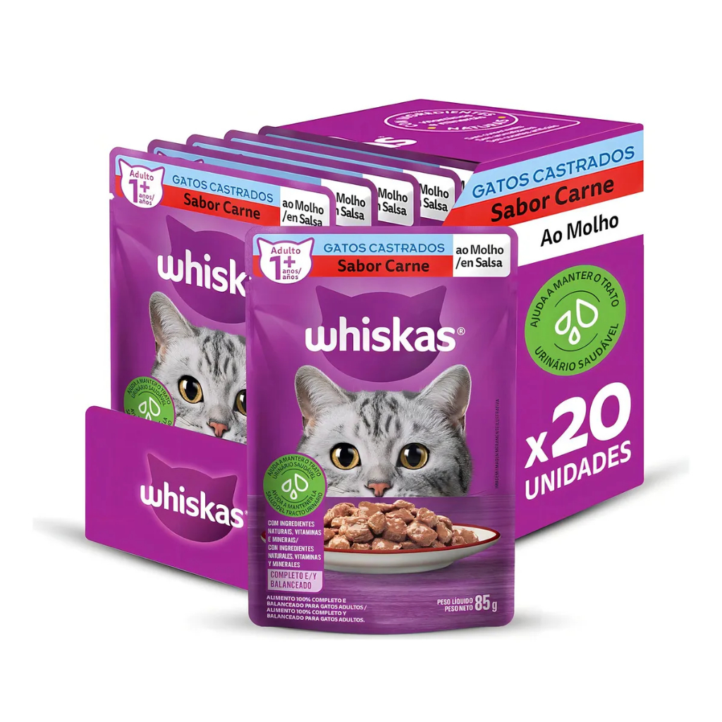 Pack Ração Úmida Whiskas Para Gatos Adultos Castrados Sachê Carne Ao Molho, 85g - 20 Unidades