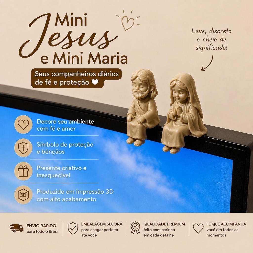 Kit Mini Jesus Sentado e Mini Nossa senhora sentada Enfeite para Monitor, Mesa, Escritório e Prateleira