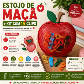 Estojo de Maçã com 15 Clips de Coração | Porta Doces | Presente Professores