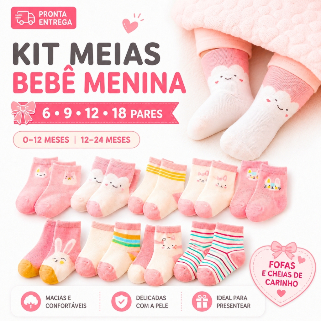 Kit 6/9/12/18 Pares De Meia Bebê Infantil Para Menina
