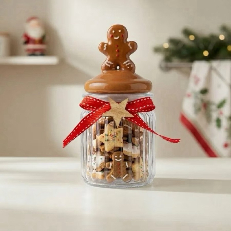 Pote De Vidro Natalino Canelado 300ml Tampa de Cerâmica Biscoito