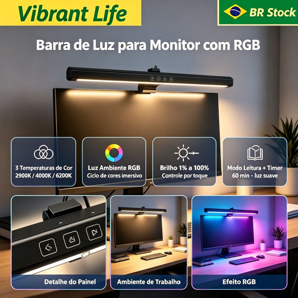 Luminária De Tela Notebook Monitor Mesa Barra Lighr Bar Luz RBG Gamer Regulável Colorido