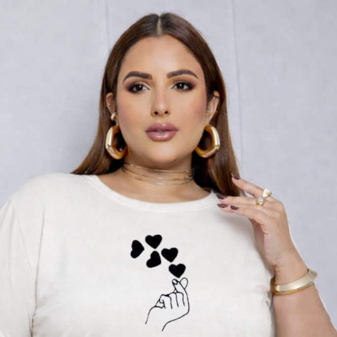 Camiseta Plus Size Premium Feminina Estampada Do P Ao G5 Maô Coraçao  Academia Treino 100% Algodão Verão