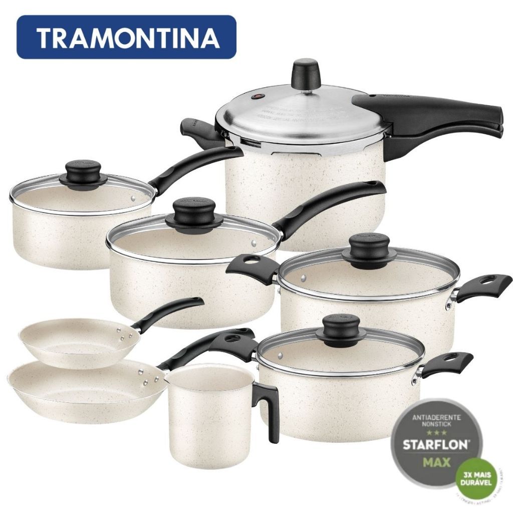 Jogo de Panelas 8 Peças Bege Creme com Frigideiras Antiaderentes e Panela de Pressão 4,5L Tramontina