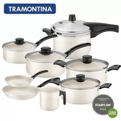 Jogo de Panelas 8 Peças Bege Creme com Frigideiras Antiaderentes e Panela de Pressão 4,5L Tramontina