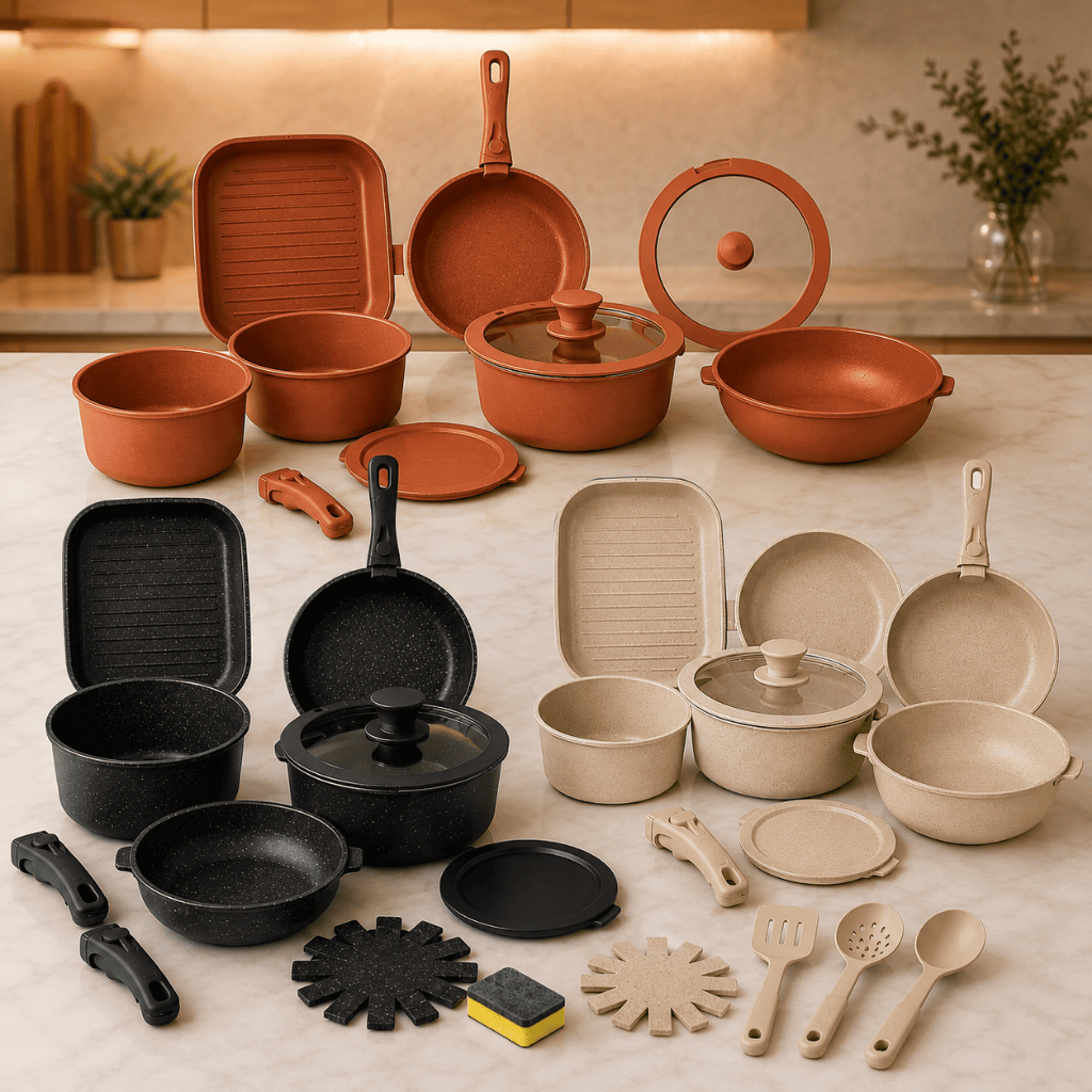Jogo de Panelas em Alumínio 17 Peças Kit Completo de Panelas e Frigideiras para Cozinha Preto Rosa ou Branco