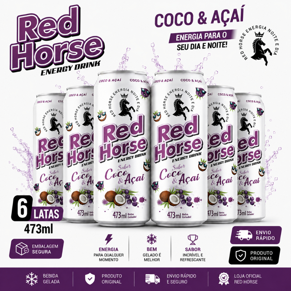 Energético Red Horse 473ml Coco e Açaí Lata Original Kit 6 12 24 Mais Energia