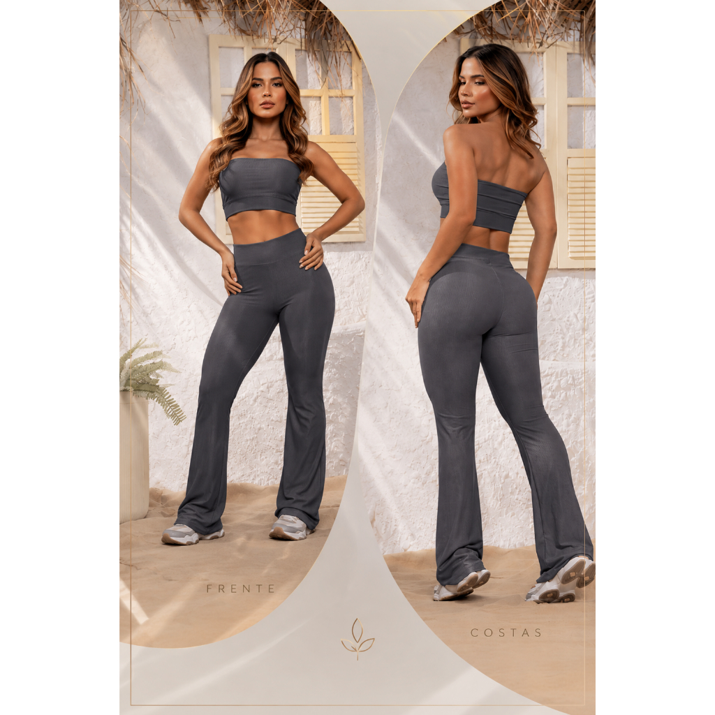 conjunto canelado de compressão para academia yoga top faixa com calça flare zero transparencia efeito modelador