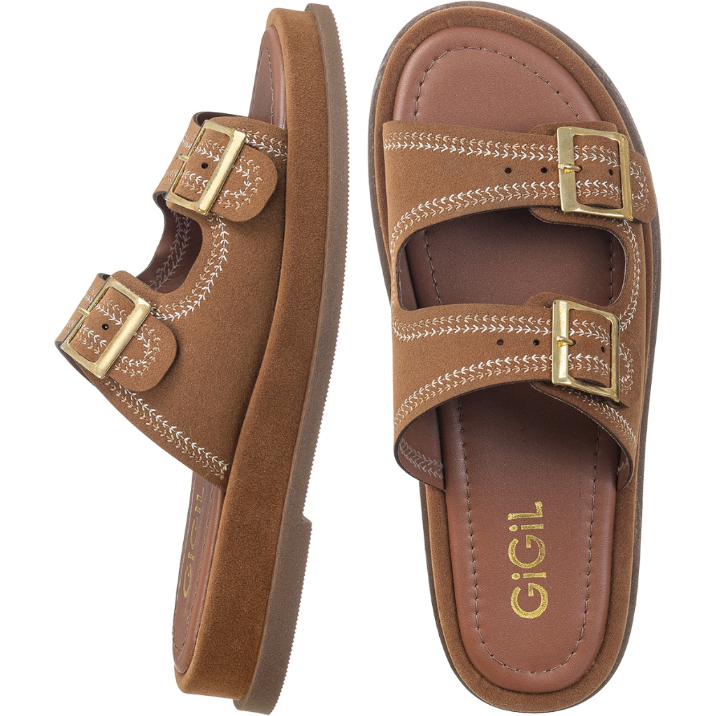 Papete Feminina Plataforma Flatform Bordada Fivela Dourada Duas Tiras Largas Anatômica Conforto Casual Ayla GiGiL