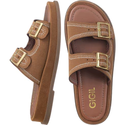 Papete Feminina Plataforma Flatform Bordada Fivela Dourada Duas Tiras Largas Anatômica Conforto Casual Ayla GiGiL