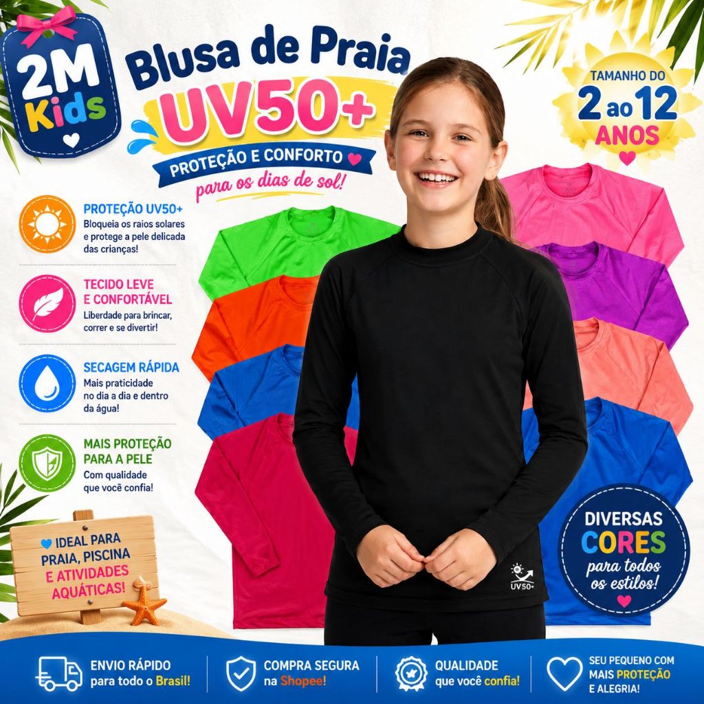 Blusa Térmica UV Infatil  Blusa com Proteção Solar para Menino + Menina UV50 Moda Praia