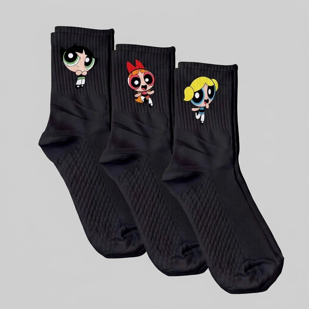 kit 3 Pares De Meias Pretas Ideal Academia Estampa Divertida Super Poderosas Algodão Macio Confortável Versátil