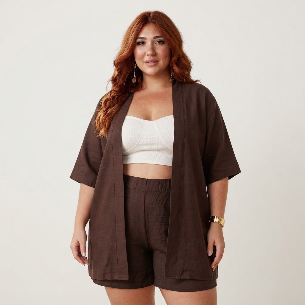 Conjunto Plus Size 2 Peças (Kimono + Short) | Elegante, Confortável, Do GG ao G4