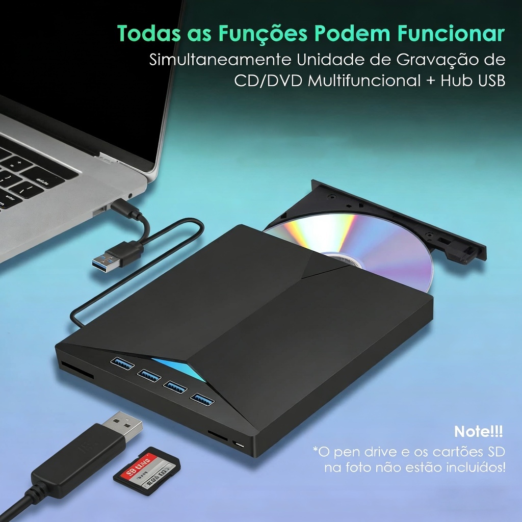 7 Em 1 Leitor Gravador CD/DVD Externo USB3.0 Tipo‑C Hub SD TF Multifuncional para Notebook PC | Enviado do Brasil