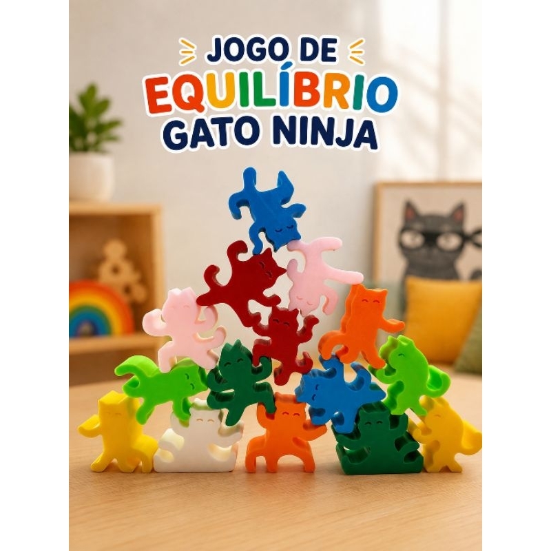 Jogo de Equilíbrio Gato Ninja ou Equilibrista 15 Peças – Brinquedo Educativo Sensorial 3D