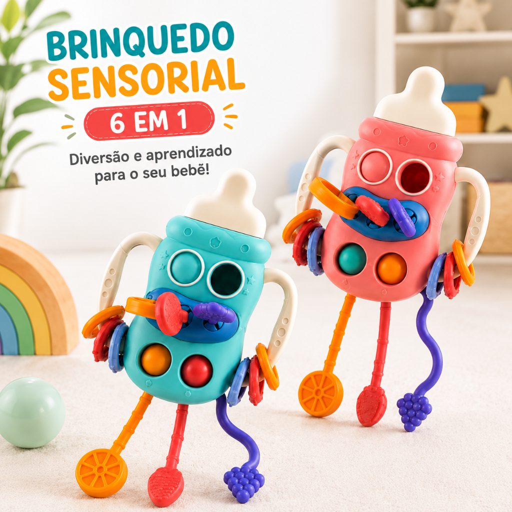 Brinquedo Sensorial 6 em 1 para Bebê Mordedor Infantil Estímulo Sensorial Coordenação Motora