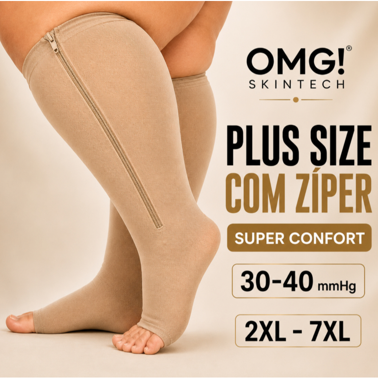 Meia Compressão Plus Size 30-40mmHg 3/4 Zíper Lateral Hipoalergênica Pé Aberto - OMG! SKINTECH