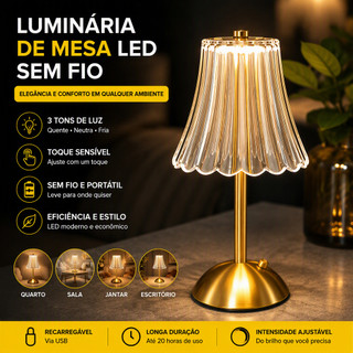 Luminária Abajur de Cabeceira Quarto LED Recarregável Touch Cúpula de Cristal Dourado Ele…