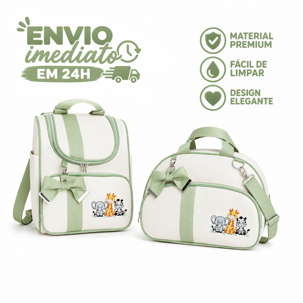 Kit 2 Peças Bolsa e Mochila de Costas 2em1 Maternidade em Material Corano com Bordado Safari