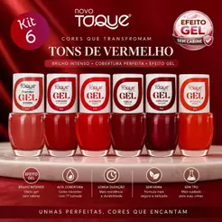 Esmalte Efeito Gel Novo Toque Kit 6 Cores Tons Vermelho Seca Sem Cabine Manicure Pedicure Lançamento