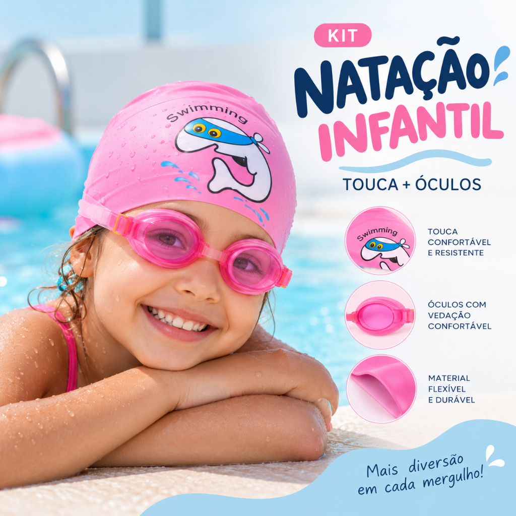 Kit Touca de Natação Infantil e Óculos Infantil Silicone Ajustável Piscina Praia Diversas Cores