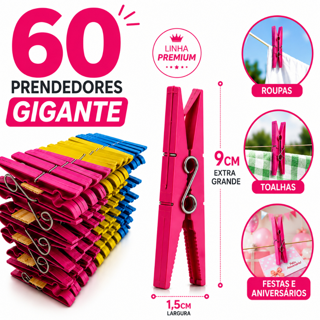Kit com 60 / 48 / 36 / 24 / 12 Pregadores de Roupa em Plástico GIGANTE Reforçado - Cores Sortidas