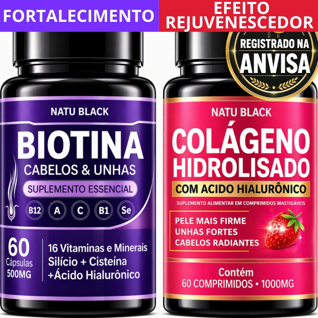 Kit Biotina Pura + Colágeno Hidrolisado + Ácido Hialurônico Alta Concentração Pele Unhas e Cabelos