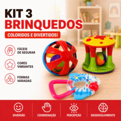 Kit 3 Brinquedos Infantis Coloridos com Chocalho Peixe Bolinha e Torre para Coordenação Motora Peixinho Pedagógico