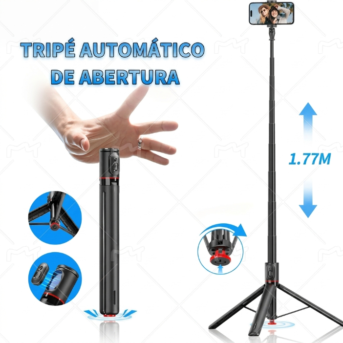 Tripé Selfie 1,77m com Abertura Automática e Controle Bluetooth para Celular Vlog Live