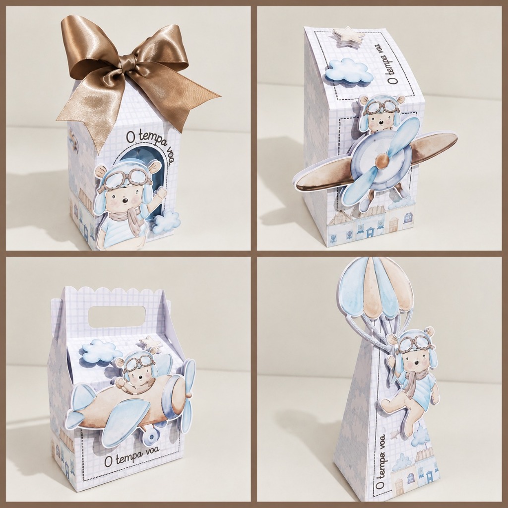 Kit Caixinhas Personalizadas Ursinho Aviador O Tempo Voa | Lembrancinhas Festa Infantil