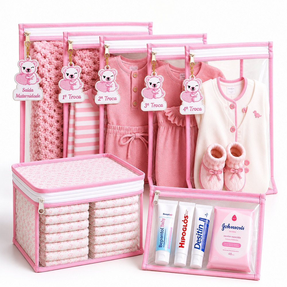 Kit 7 Peças Maternidade – 5 Saquinhos Organizadores Com Tags + 2 Porta Fralda/Remédio Necessaire