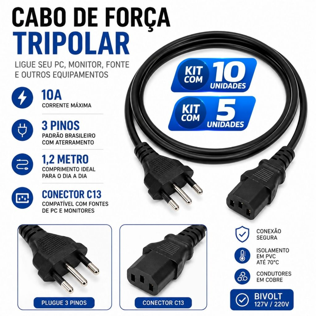 Kit Cabo De Força Tripolar com 1 5 10 Cabos 10A 1,2m Para PC Monitor Fonte