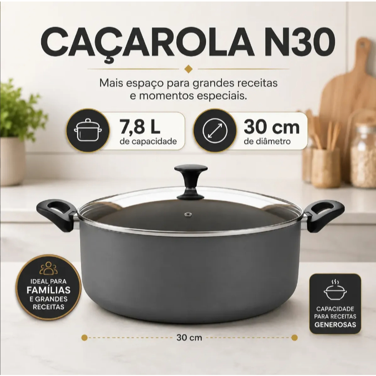 Panela Grande Caçarola 7,8 Litros N30 Antiaderente 3mm de Espessura Com Tampa de Vidro Temperado