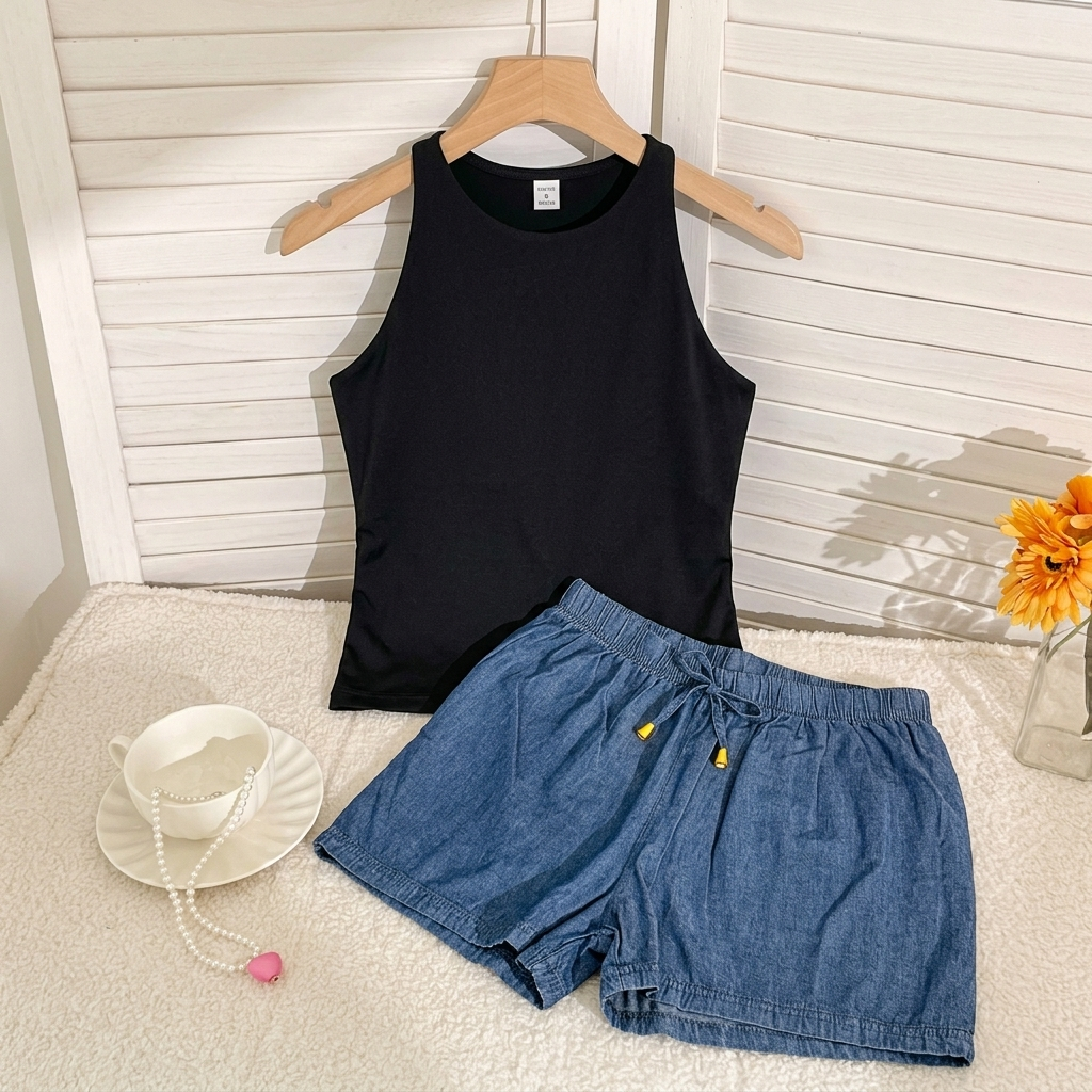 Conjunto feminino 2 peças short e blusa conjunto casual short jeans e blusa regata confortavel