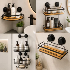Suporte Porta Shampoo De Canto Parede Banheiro 2 Andares Organizador Sabonete luxo Prateleira Rack Aço Bambu Lavanderia