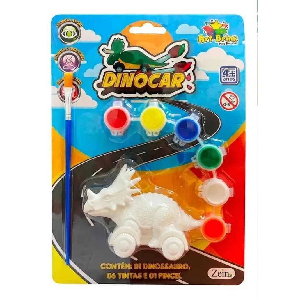 Kit Pintura Dinossauro Dino Car Carrinho Infantil com 6 Tintas e Pincel Brinquedo Educativo