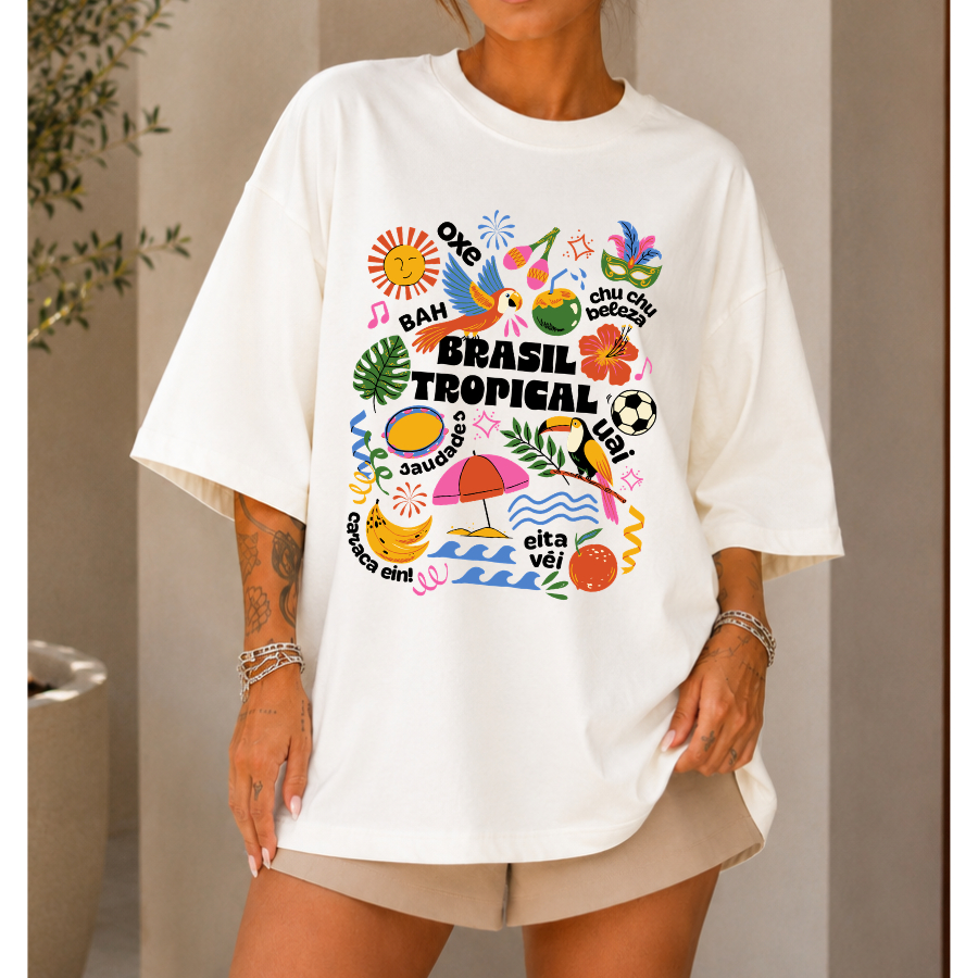 Camiseta Feminina Oversized Estampada T-Shirt 100% Algodão Manga Larga Streetwear Modelagem Ampla Confortável