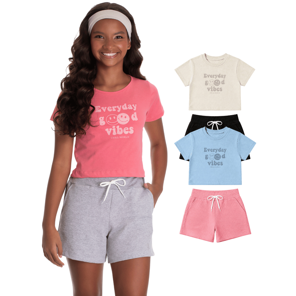 Conjunto Juvenil Feminino Blusa Cropped Good Vibes Bermuda Moletinho Tamanho 10 12 14