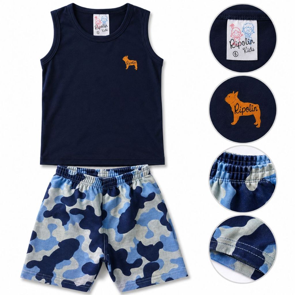 Conjunto infantil menino verão bermuda regata com aplique tamanhos 1 ao 10
