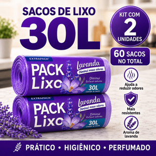 Kit 2 Sacos de Lixo Lavanda 30L 60 Unidades Perfumado Elimina Odores Reforçado Cozinha Banheiro 59x62