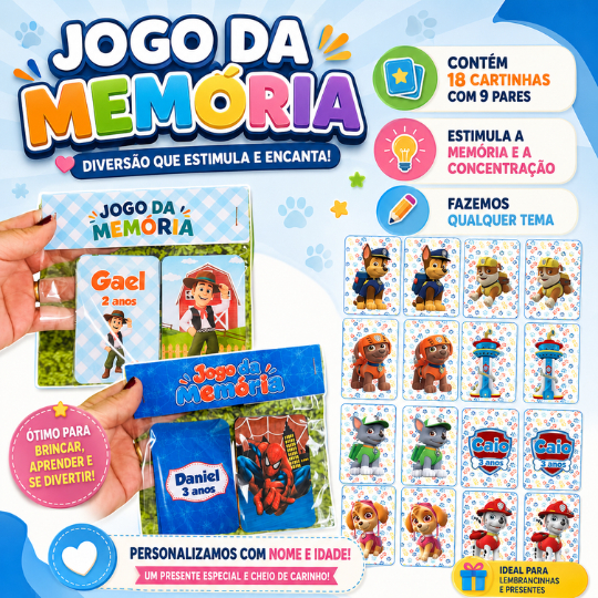 Jogo da Memória Personalizado / Lembrancinha de Aniversário /Festa Infantil (9 PARES) Qualquer Tema