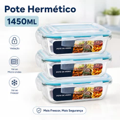 Potes Herméticos de Vidro 1480ml 1 a 3un com Tampa 4 Travas Marmita Fit para Micro-ondas