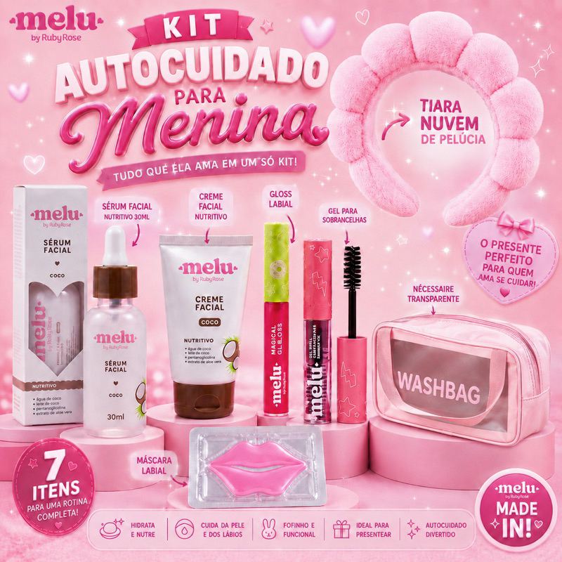 Kit Skincare Infantil Completo Melu Melancia – Sérum + Espuma Facial + Hidratante Labial + Tiara Nuvem Presente Menina