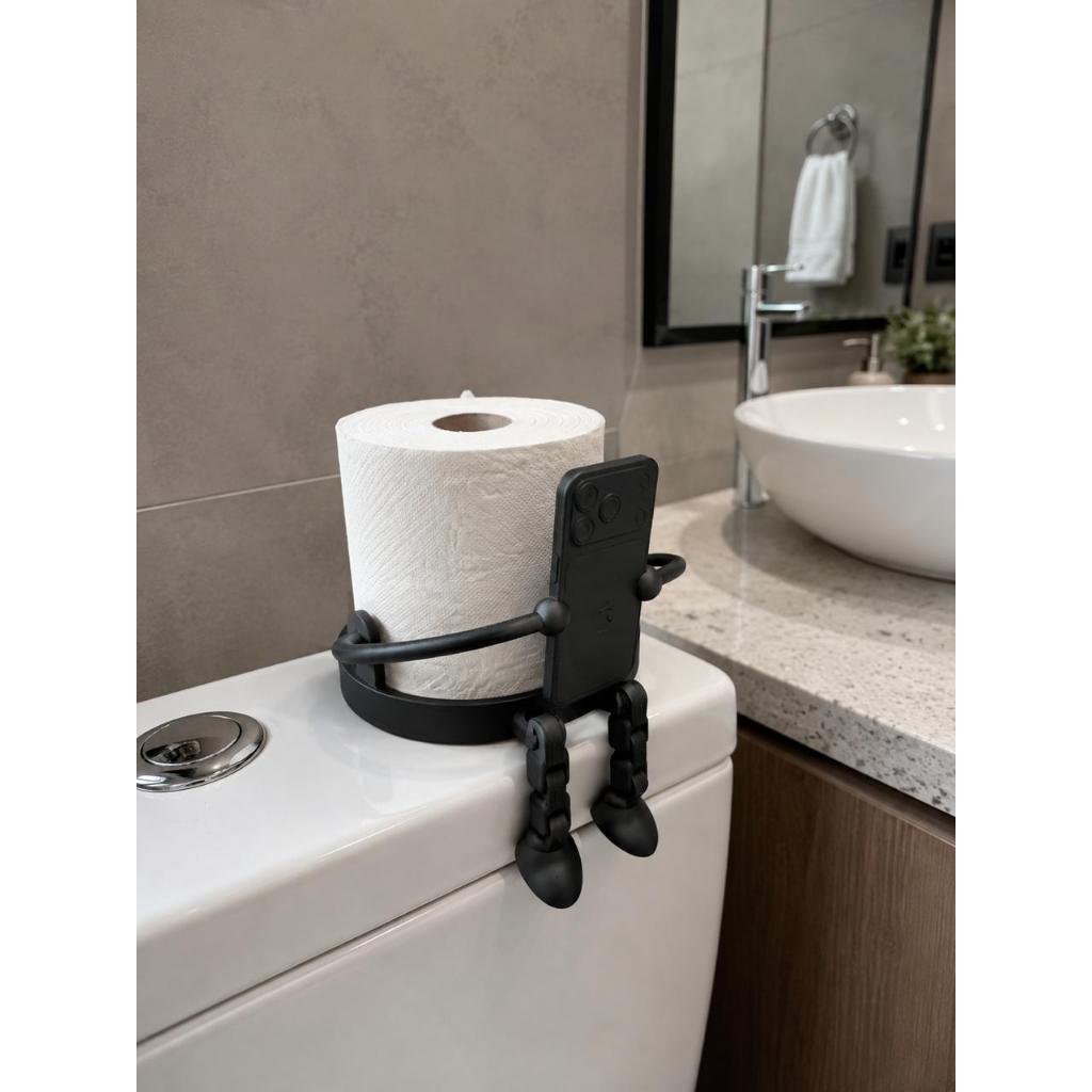 Suporte Porta Papel Higiênico Boneco com Celular 3D Articulado Decoração Criativa Banheiro