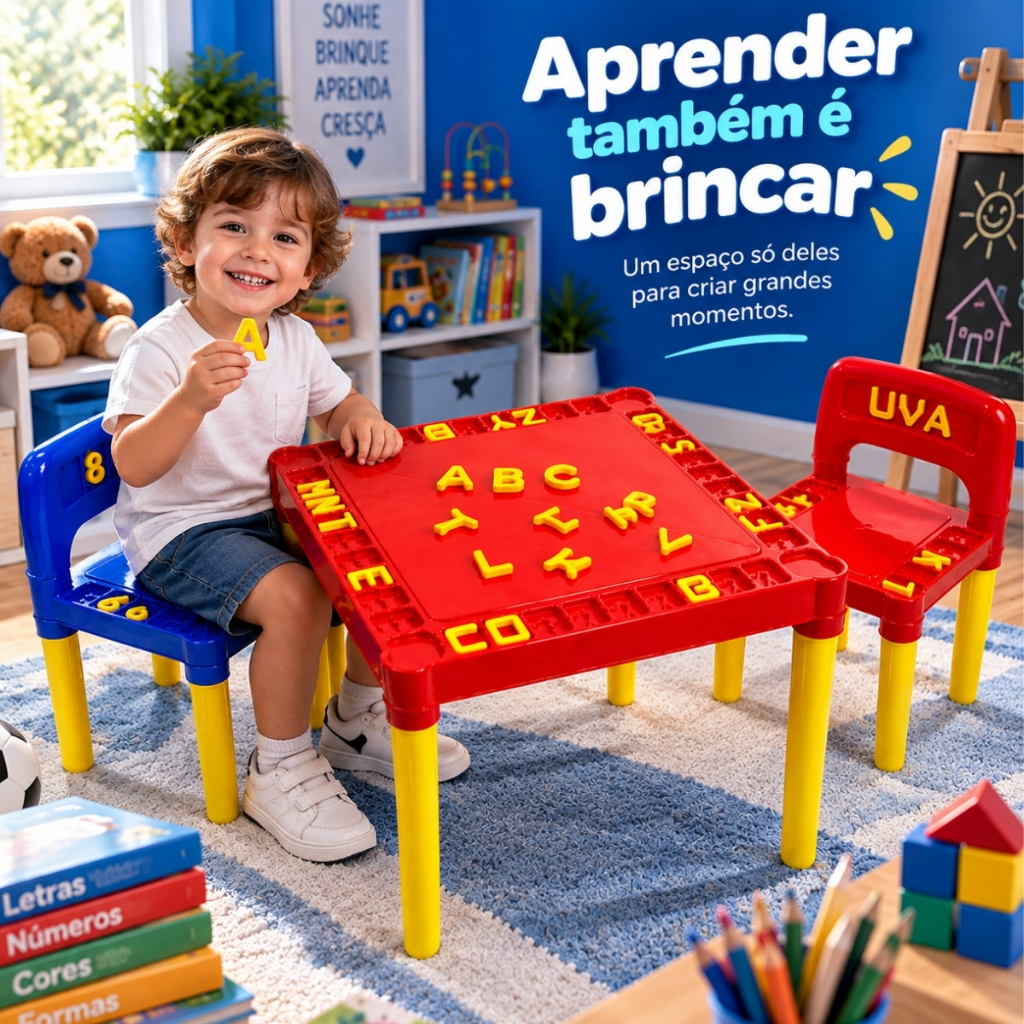 Mesa Infantil Plástico Mesinha Educativa Didática 2 Cadeiras Com Letras e Números