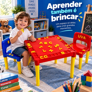 Mesa Infantil Plástico Mesinha Educativa Didática 2 Cadeiras Com Letras e Números
