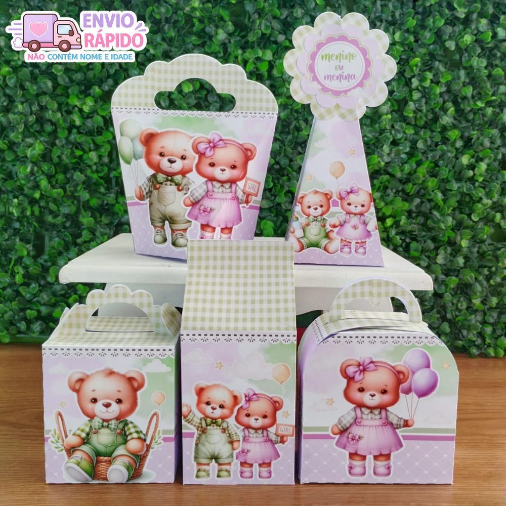 Kit Caixinhas Chá Revelação Chá de Bebê Ursinho Lilás e Verde Lembrancinhas para Festa Infantil e Aniversário