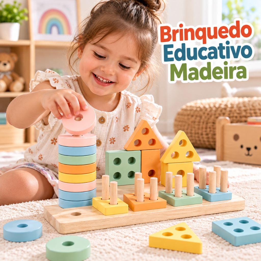 Brinquedo Educativo De Madeira Pedagógico Blocos Encaixe Formas Montessori Colorido Aprendizado Moderno