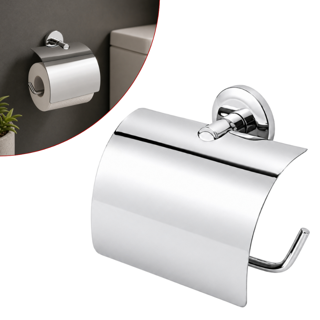 Porta Papel Higiênico Papeleira 100% Aço Inox Fixação Dupla de Parede para Banheiro Tampa